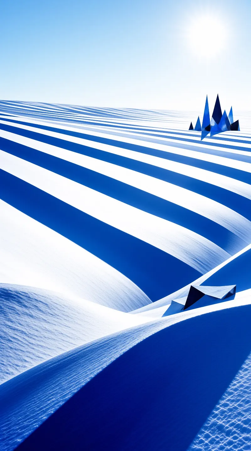 Wavy indigo and white patterned dunes stretch toward distant sharp blue conical peaks under a pale sunny sky.