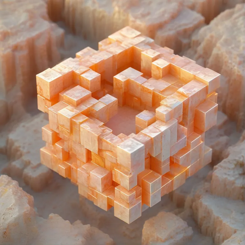 A geometric orange structure resembling a crystal cube hovers above a blurred rocky landscape bathed in soft golden light.