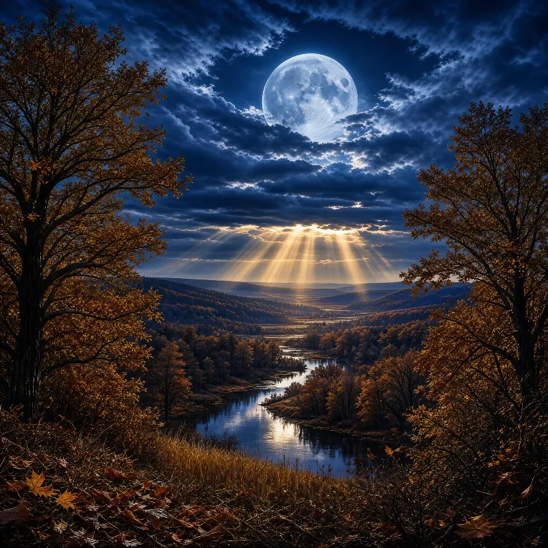Moonlit Autumn River Scene