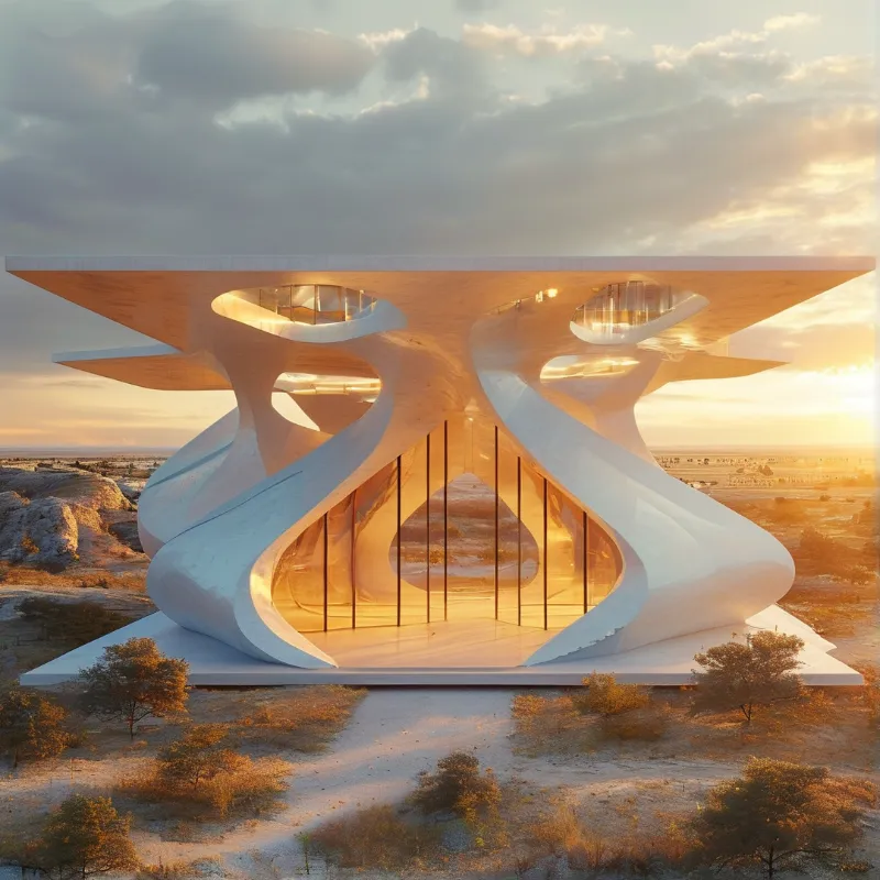 A white sculptural structure with glass facade in sandy terrain under cloudy sky with warm golden light