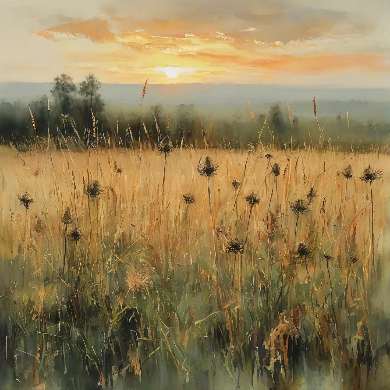 A painterly view of a grassy meadow with seed heads silhouetted against a bright orange sky and distant trees.