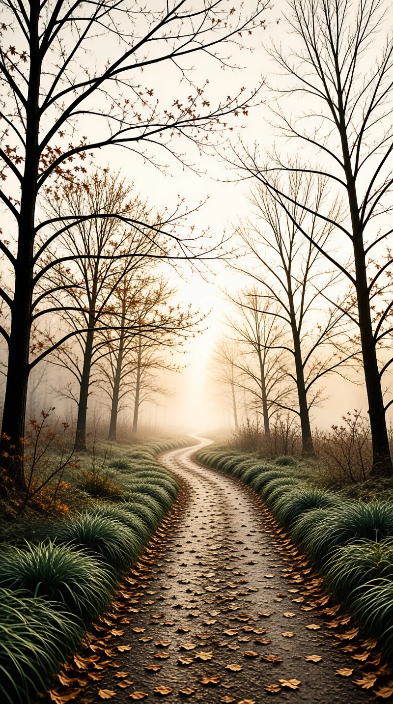 A leaf-covered trail curves between tall bare trees as pale golden mist glows softly down the quiet lane.