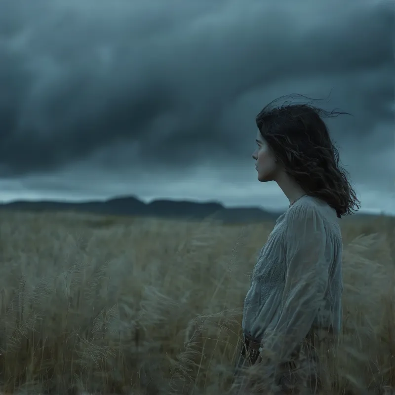 A woman with wind-blown hair stands in a wheat field beneath a stormy sky and distant hills.