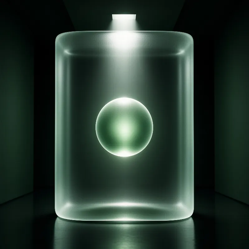 A pale green illuminated sphere sits within a translucent rounded rectangular enclosure placed in a dark room lit from above.