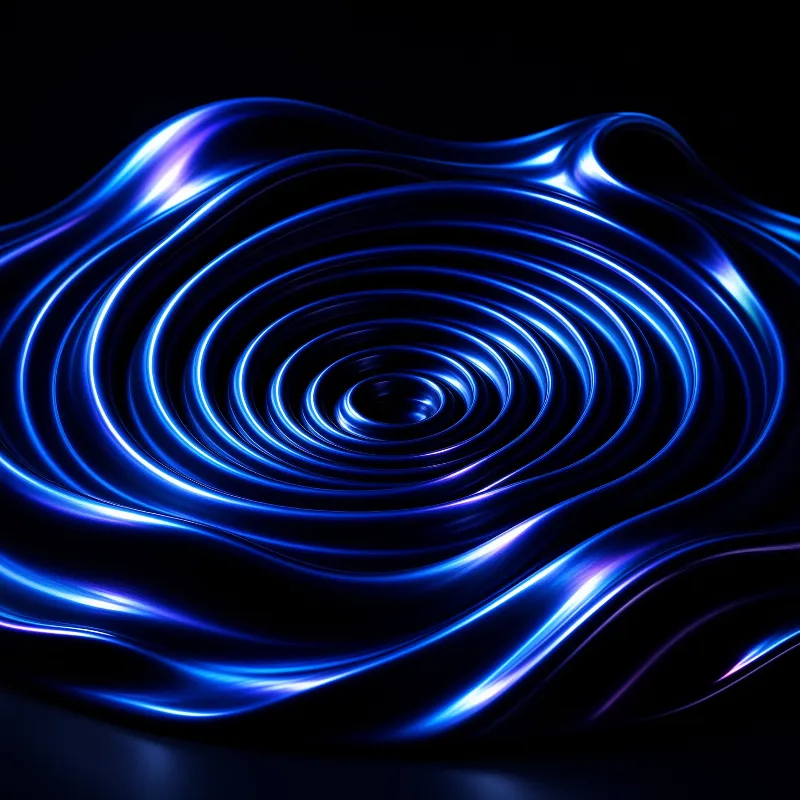 Concentric rings of electric blue light ripple across a glossy black pooled surface like liquid glass.