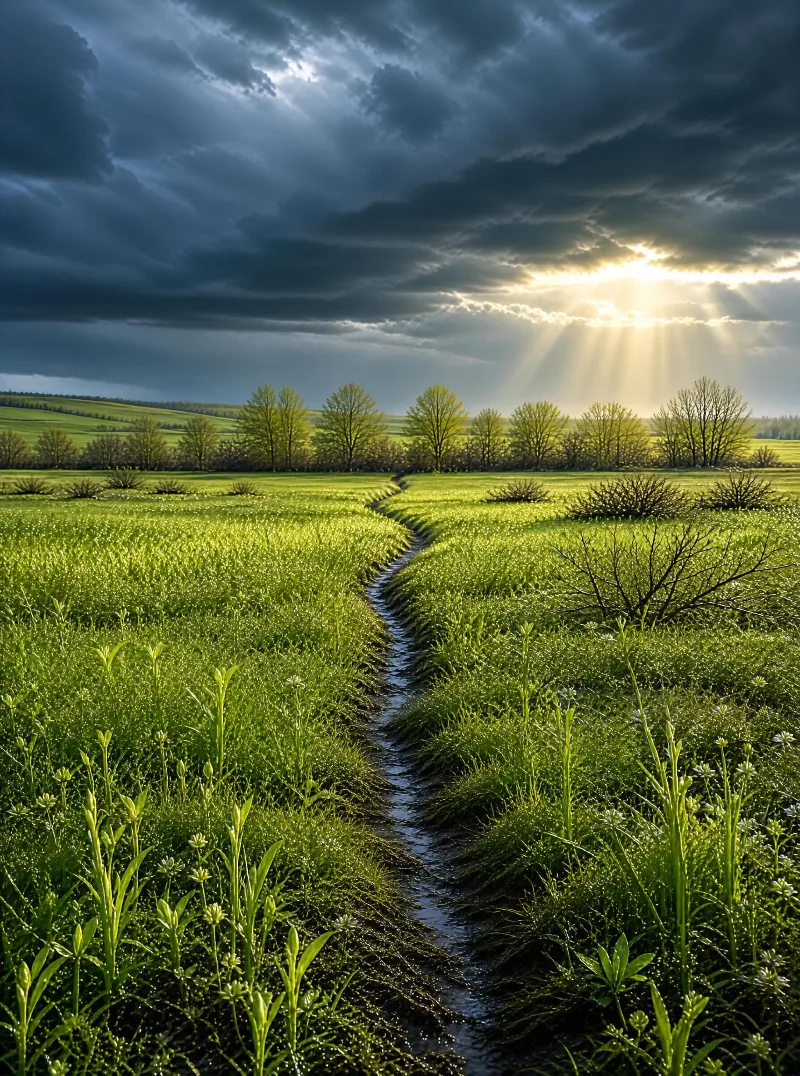 Sunbeams Over Green Field Path