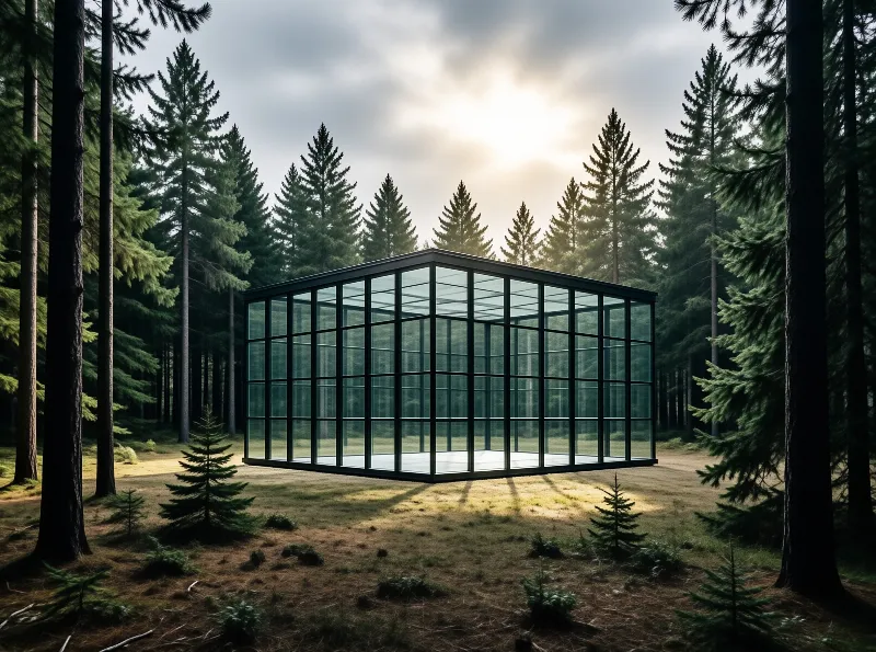 A transparent rectangular pavilion with dark framing stands in a pine clearing as sun breaks through clouds.