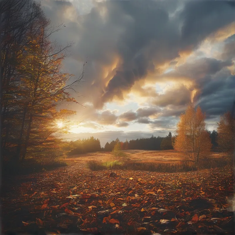 Trees line a field of brown leaves as golden sunlight pierces through heavy dark clouds above the horizon.