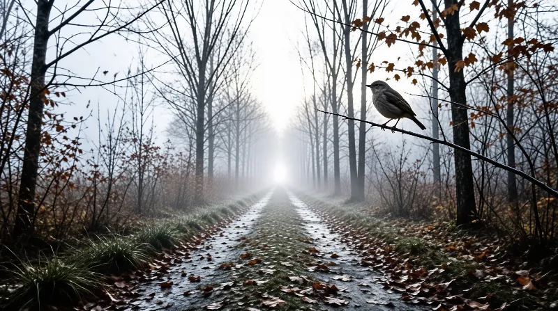 A small thrush-like bird stands alert on a slender branch extending from the right side of the frame, overlooking a wet forest path lined with tall, leafless trees that fade into a bright, misty glow at the distant center of the woodland.