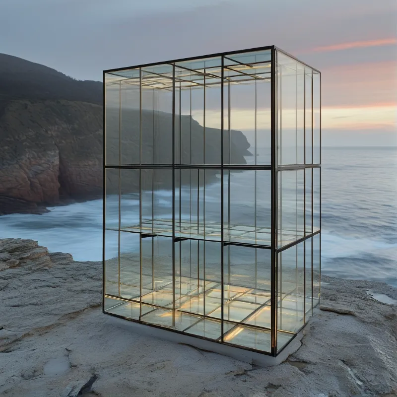 A transparent glass cube with a dark metal frame stands on a coastal rock ledge with the sea and cliffs behind it at dusk