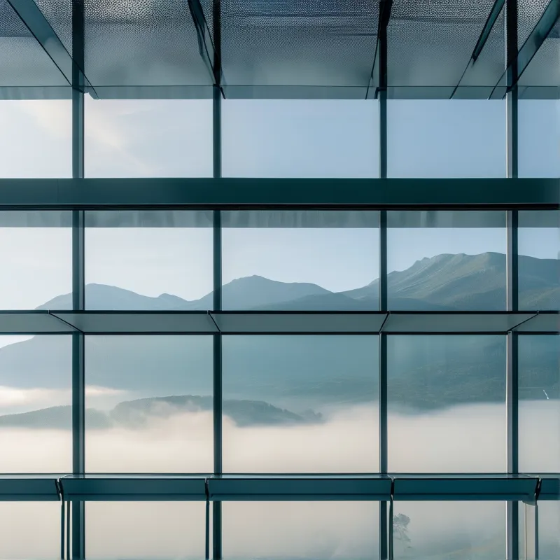 A large glass window grid divides the view of distant mountains rising above a layer of misty clouds.