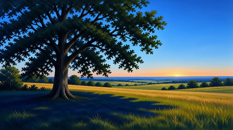 A massive oak tree casts long shadows across a sunlit field while the sun sets over distant rolling hills.