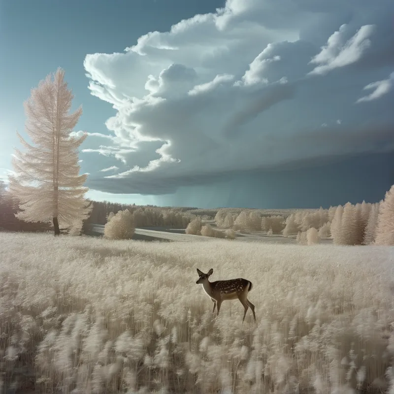 A spotted deer stands in tall snowy grass beneath a vast sky filled with dramatic blue and white clouds.