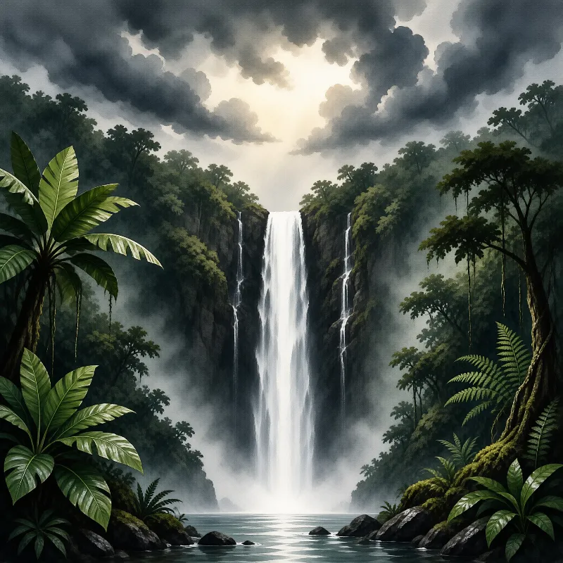 A tall waterfall plunges from a jungle cliff into a calm pool framed by lush ferns and tropical leaves under dark clouds.