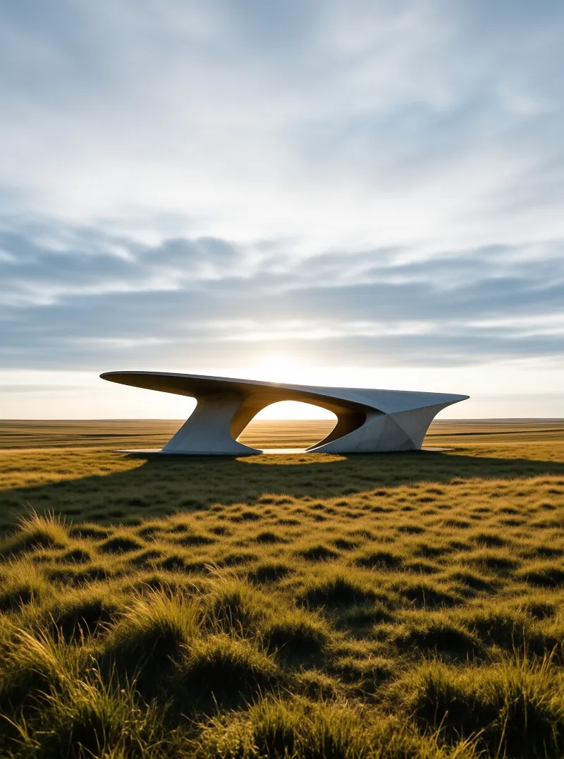 A curved concrete structure with a wide central opening stands in an open grass field against soft clouds