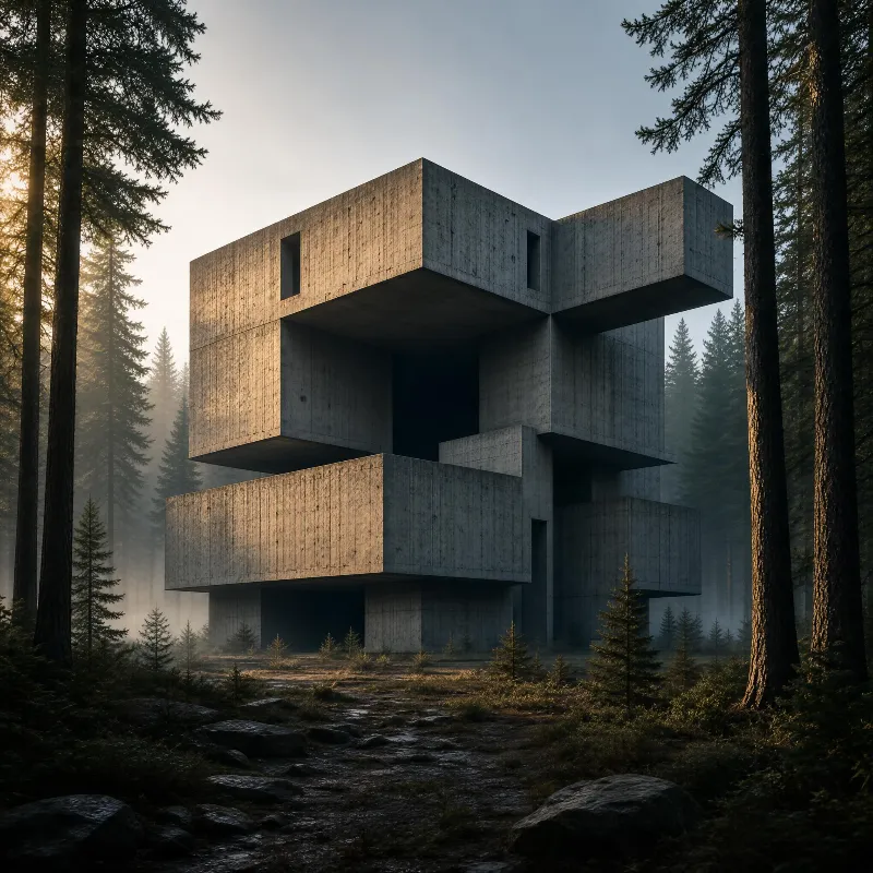Brutalist Structure in Forest