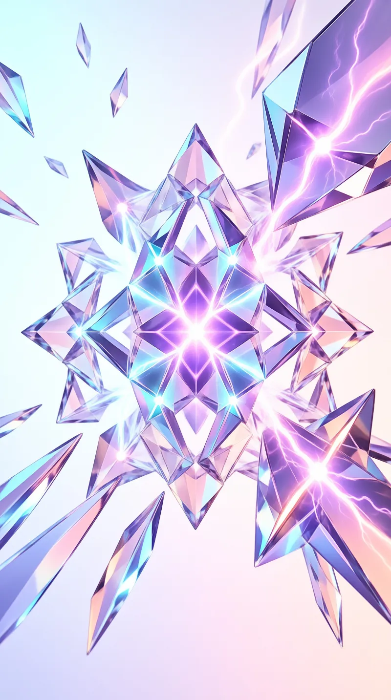 A complex geometric formation of iridescent shards radiates bright violet energy against a soft pastel gradient sky.