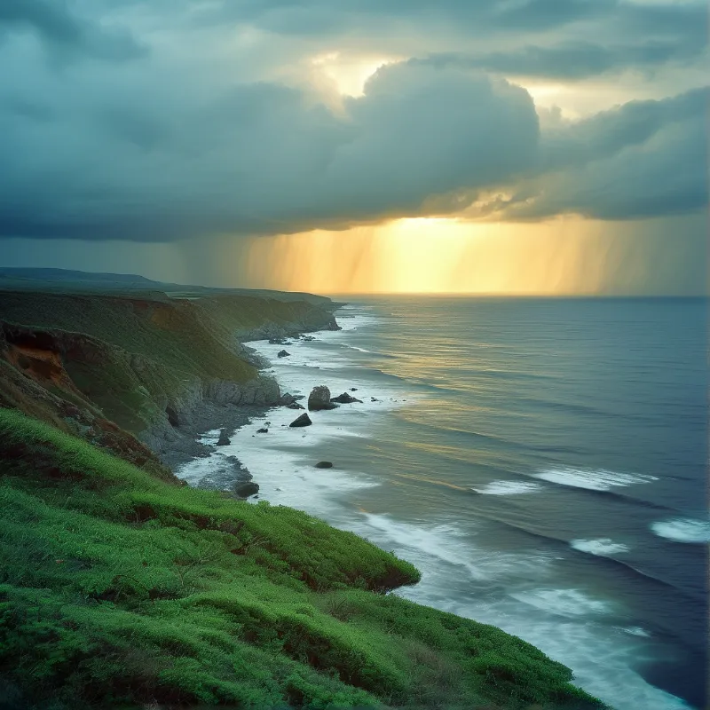 Green coastal cliffs meet the ocean while golden sunbeams pierce through dark clouds above the horizon.