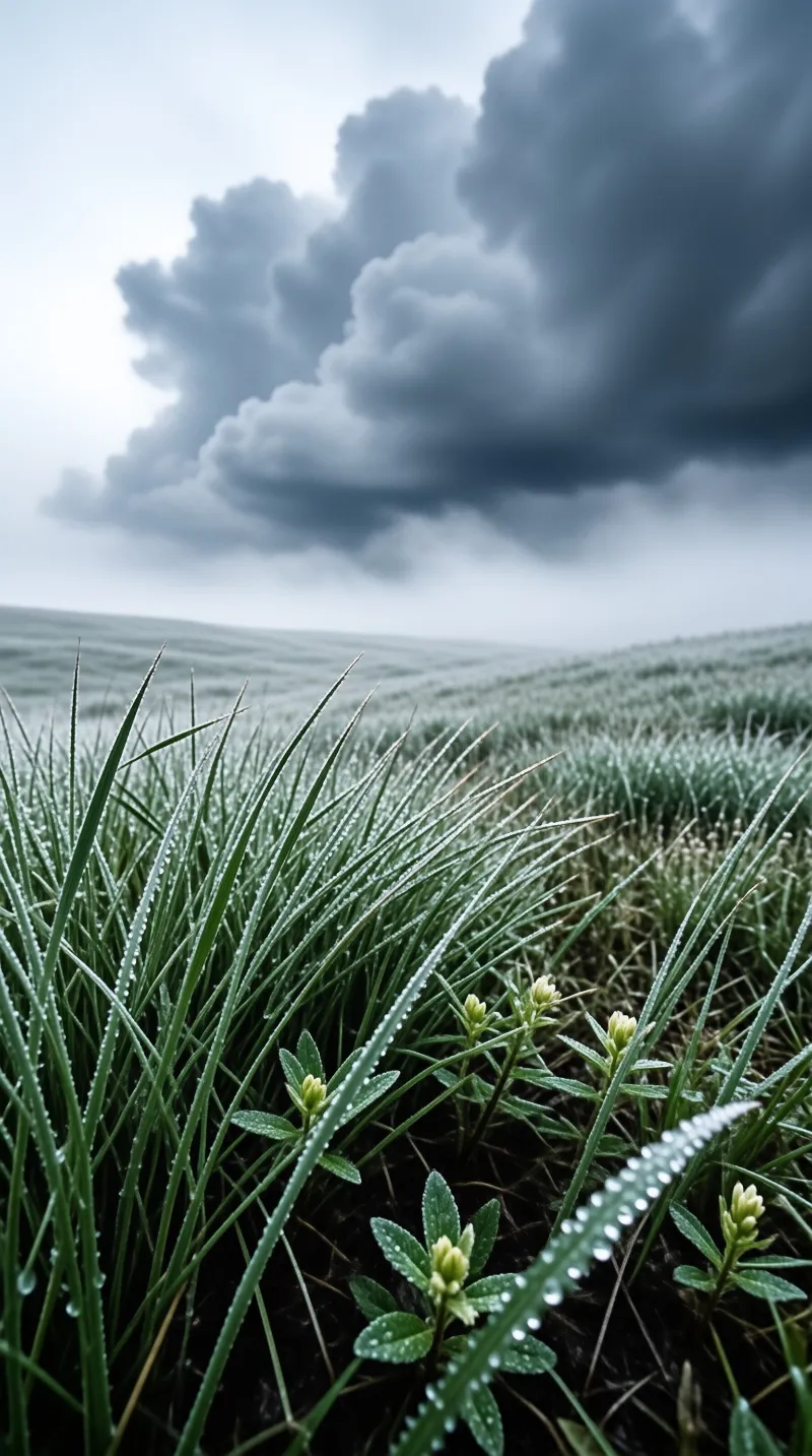 Wet grass blades with dew rise in a meadow under a sky filled with heavy dark storm clouds.