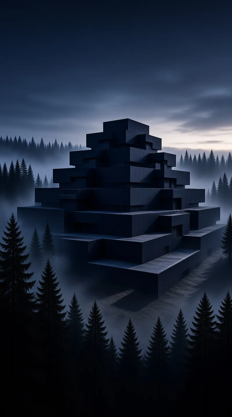 A geometric black ziggurat built from stacked blocks stands in a dark conifer forest shrouded in fog at twilight.