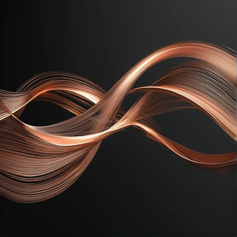 Flowing copper ribbons create a dynamic wave pattern against a solid dark background with highlights along the edges.