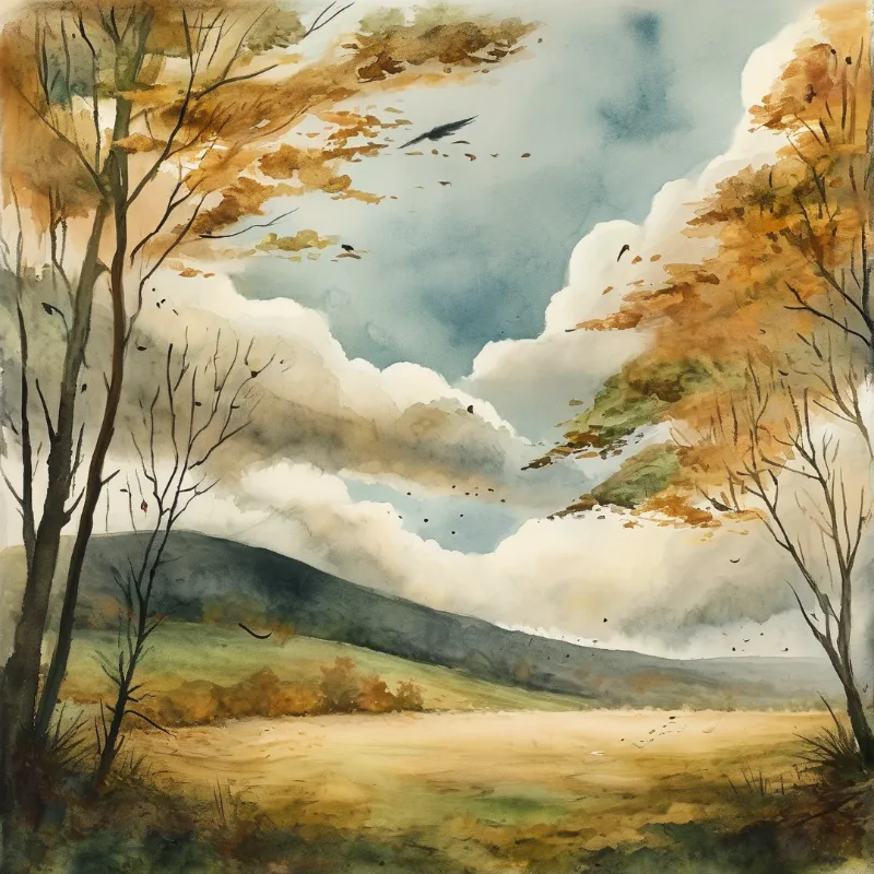 Trees on both sides frame a valley with rolling hills and a cloudy sky where small birds fly amidst falling leaves.