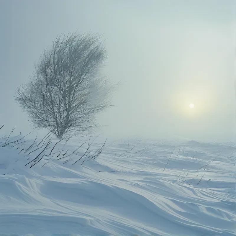 A lone leafless tree leans with the wind over snow sculpted into soft ripples under a hazy pale sun.