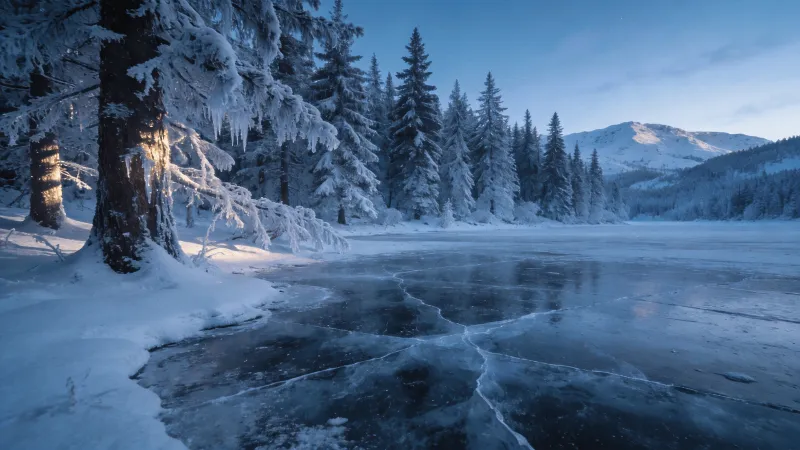 Frozen Lake Beneath Quiet Pines