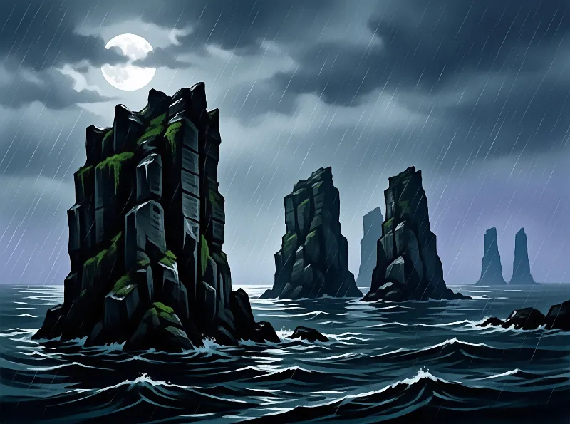 Rock formations rise from turbulent waters under a cloudy night sky illuminated by the full moon during rain.