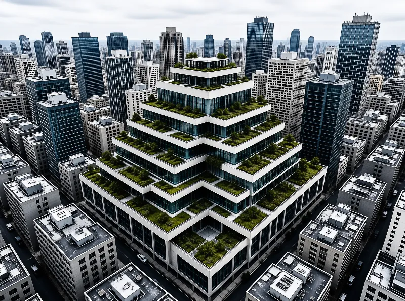 Stepped glass tower with green terraced roofs stands in the center of a dense grey city skyline under overcast light