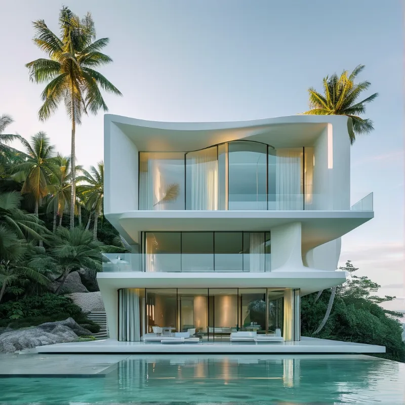 A sleek white curved house with glass walls sits among tall palm trees at twilight, reflected in a foreground pool.