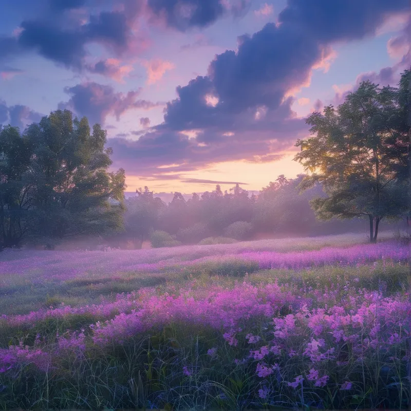 A vast field of purple blooms stretches toward a horizon glowing with orange and pink light beneath heavy clouds.