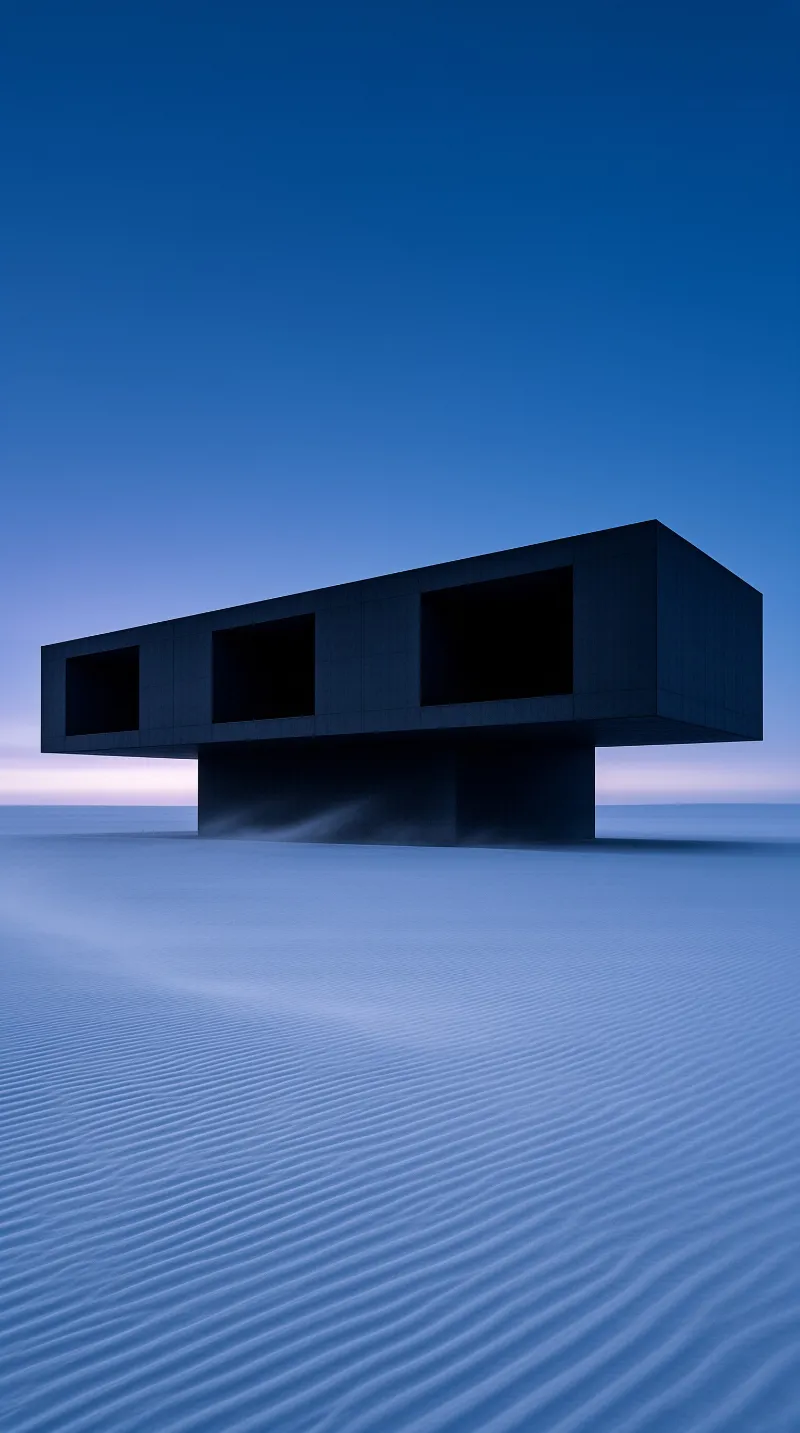 A monolithic dark concrete structure raised on a base stands in a field of rippled snow under a violet twilight sky
