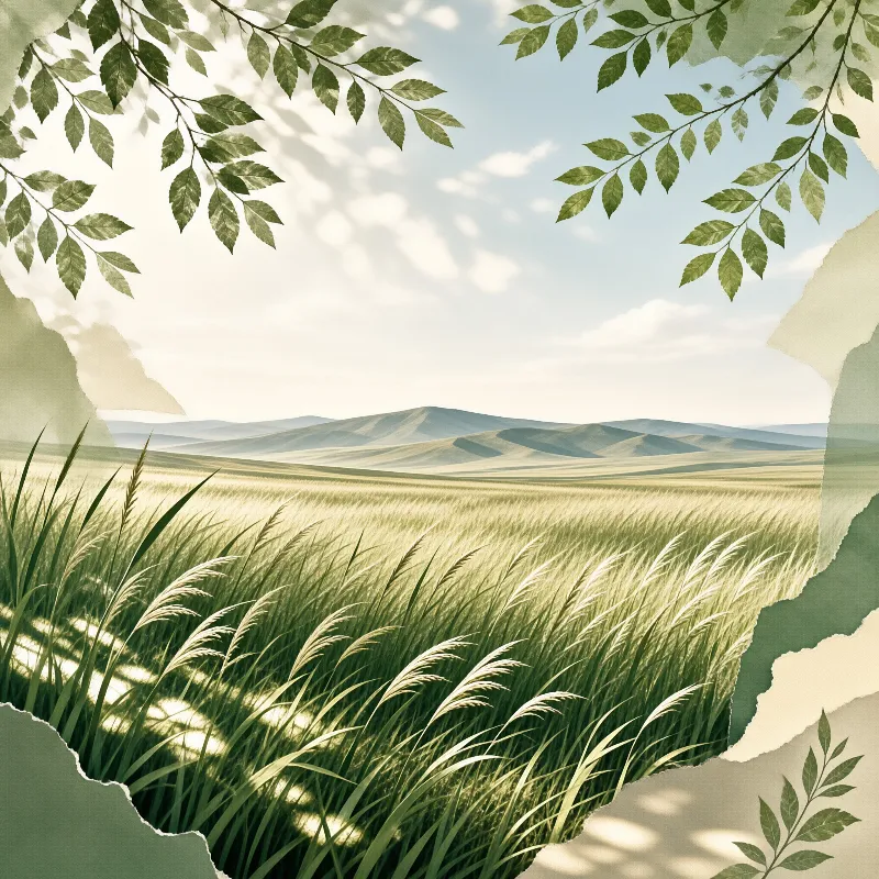 Sunlit grass field extending to distant hills, bordered by hanging green branches and torn paper edges.
