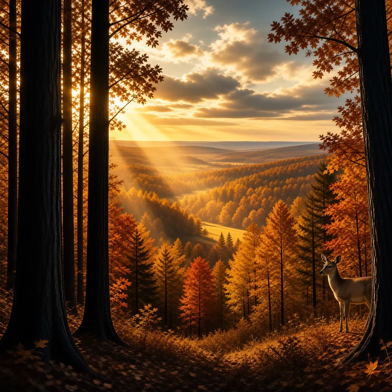 A deer stands on a forested ridge as beams of golden sunlight illuminate the trees and rolling hills in the distance.