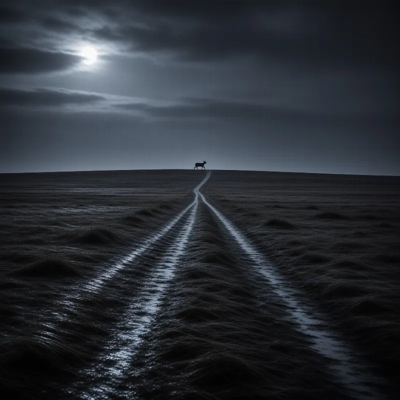 A deer silhouette stands on a distant horizon while a wet path leads toward it under the moonlight.
