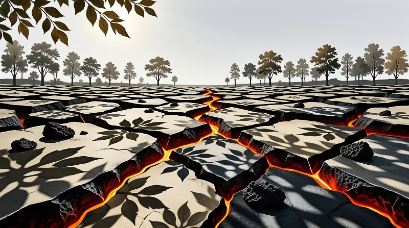 A parched plain splits into polygonal plates edged with molten orange light while leaf shadows stretch across the surface.