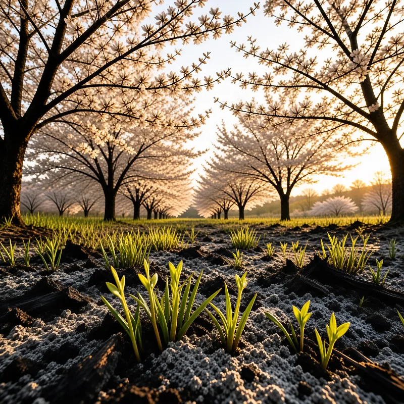 Bright green seedlings grow in dark tilled soil beneath rows of trees covered in white blossoms during sunset.