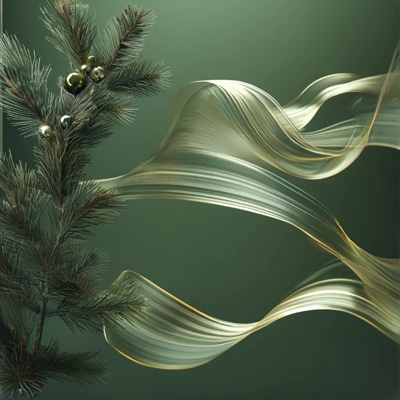 Dark green pine branches with metallic baubles sit beside flowing pale green ribbons that swirl elegantly through the air.