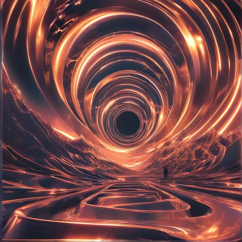 A tiny figure stands before a tunnel of glowing copper rings above a textured metallic landscape.