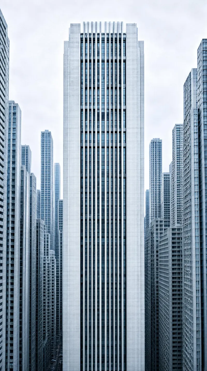 A tall skyscraper with vertical window lines stands among other high-rise buildings in a dense urban cityscape