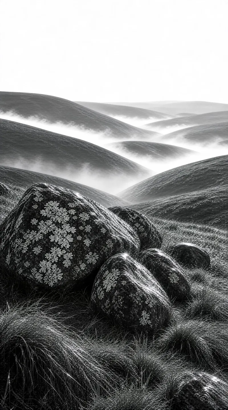 A black and white image of lichen-covered boulders in the foreground with mist filling the valleys between rolling hills