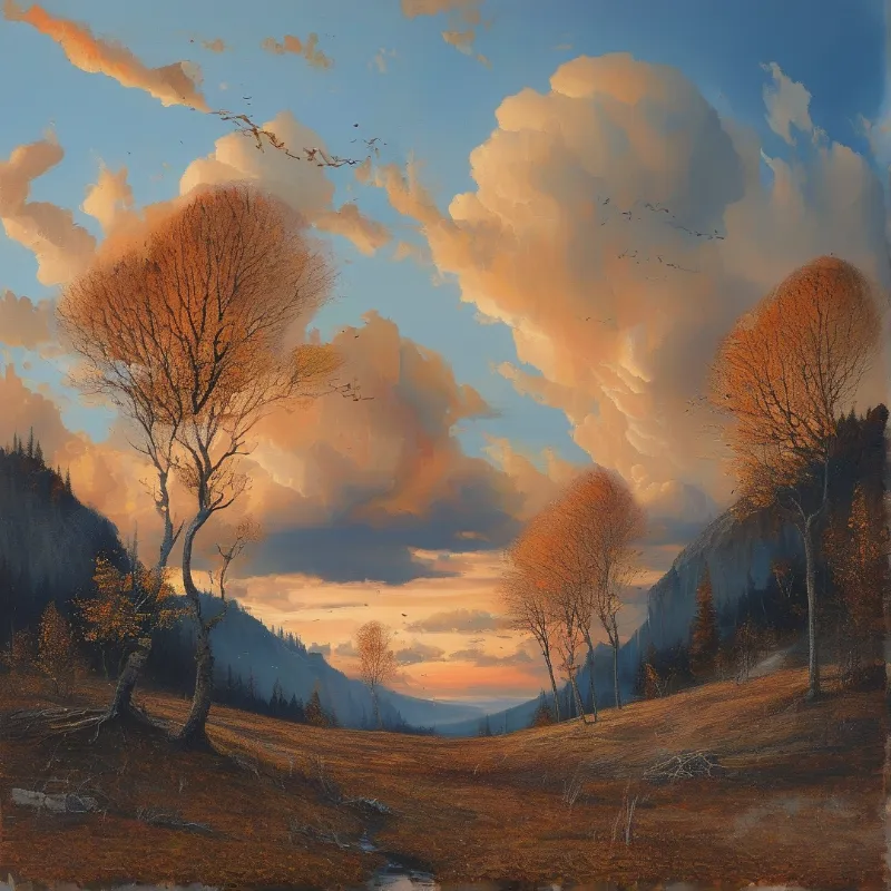 A landscape painting depicts trees with autumn colors on hills beneath a sky filled with large glowing clouds at sunset.