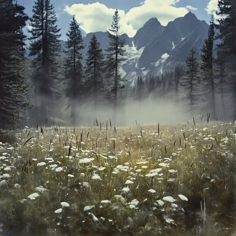 A field of white flowers sits below a foggy forest and rocky mountains under a bright sky.