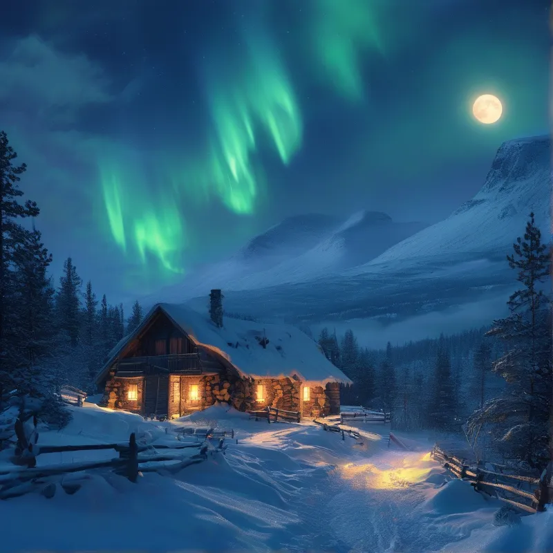 Aurora over Snowy Cabin
