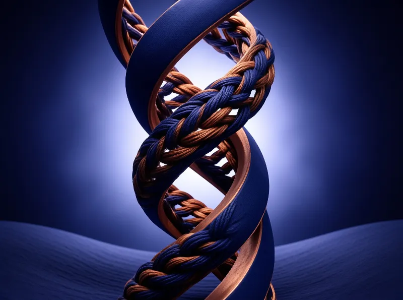 A twisted spiral combines a smooth blue ribbon with brown and blue braided rope against a gradient blue background.