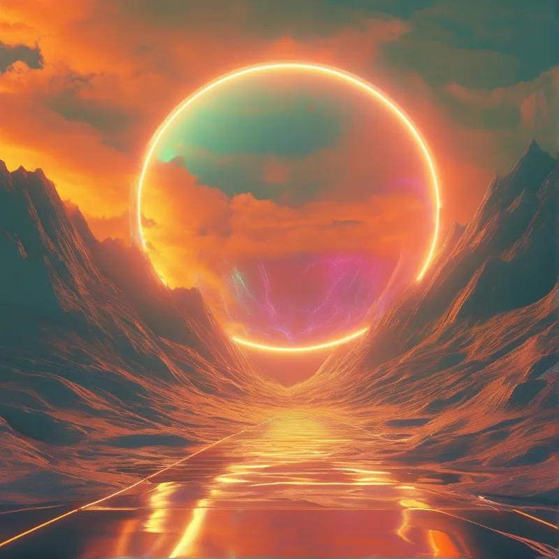 A large glowing orange ring floats between rugged mountains while reflecting light onto a wet road surface below.