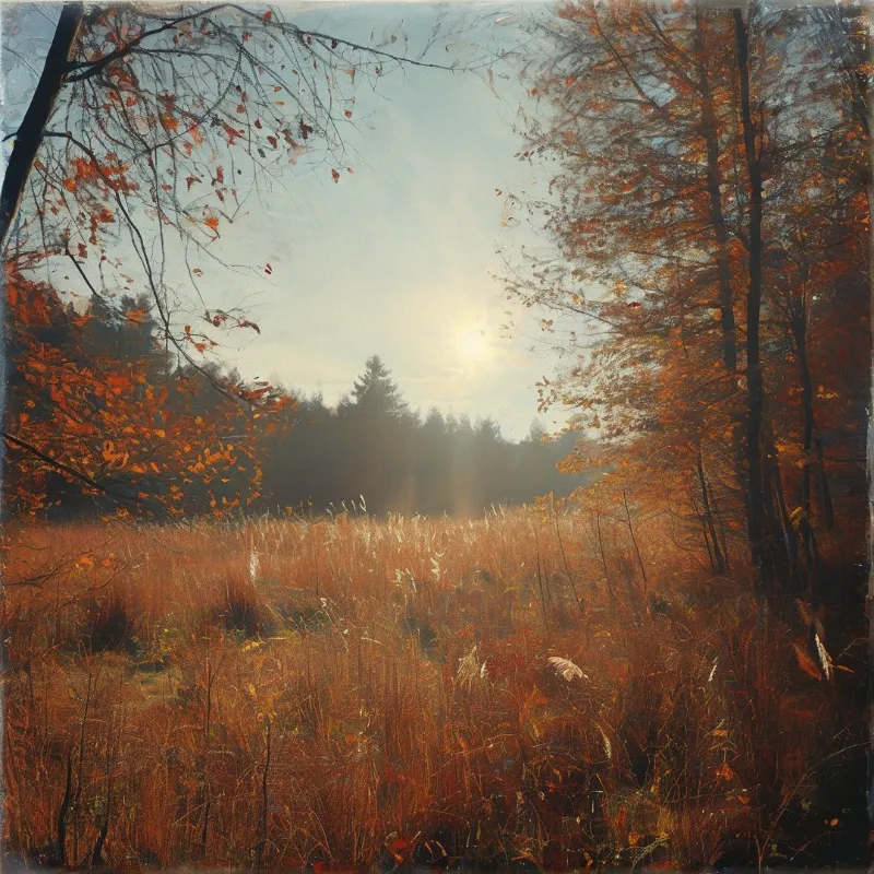 Golden autumn wetland of tall dry reeds between orange trees soft sun shines over distant hazy evergreen forest in pale sky