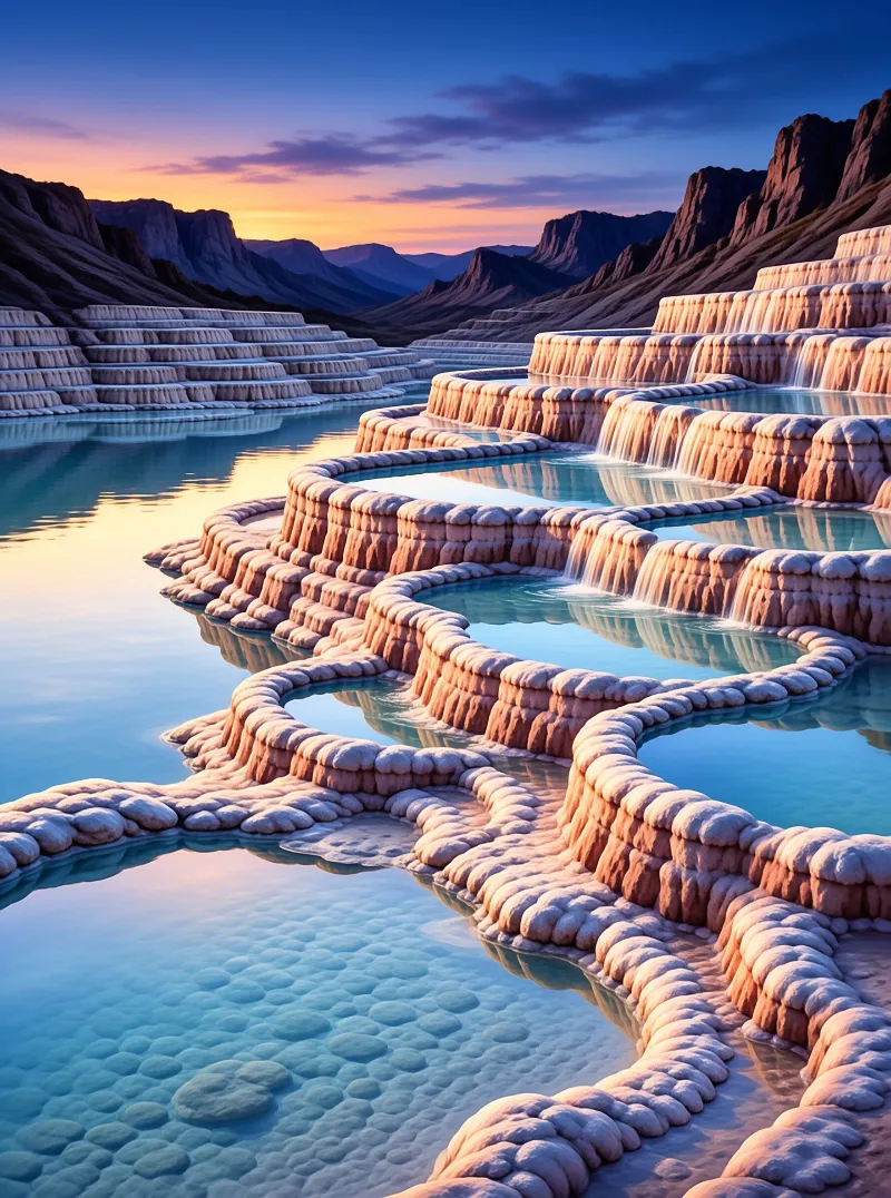 Turquoise pools rest within creamy stone formations under a warm sunset sky framed by distant rugged mountain peaks.