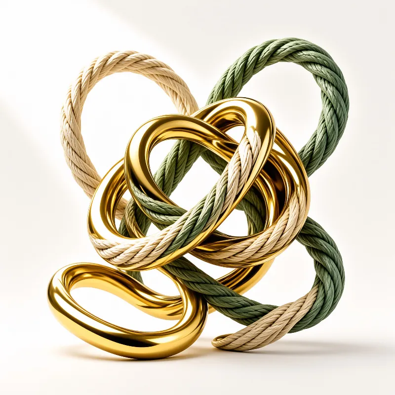 Polished gold metal loops weave through cream and sage braided rope knots on a pale ground.